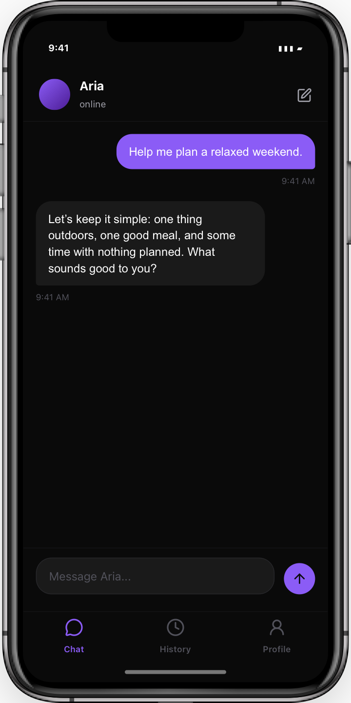 Aria’s dark native chat screen shows a request to plan a relaxed weekend and an example assistant response. A message field sits above Chat, History and Profile tabs.