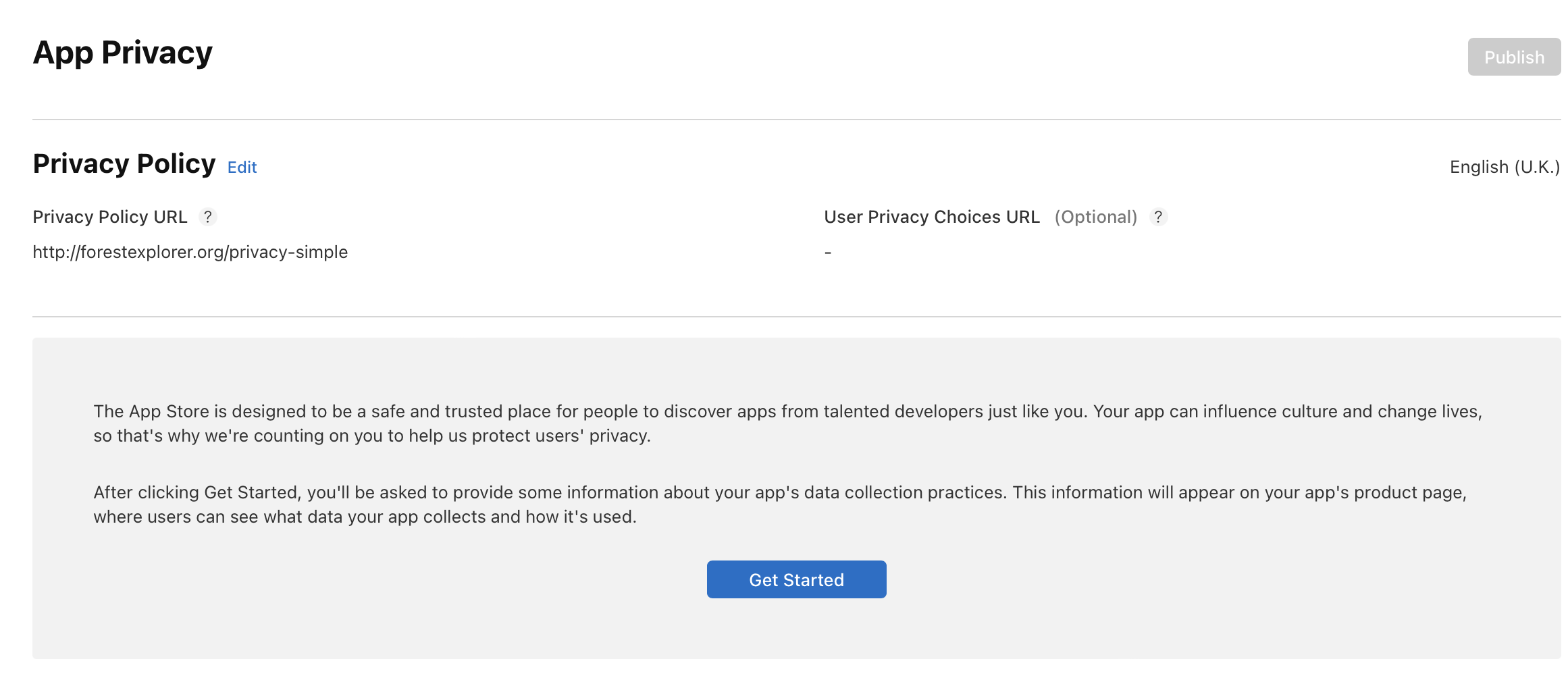 Apple’s App Privacy screen shows Privacy Policy URL, an optional User Privacy Choices URL and Get Started for the data collection questionnaire.