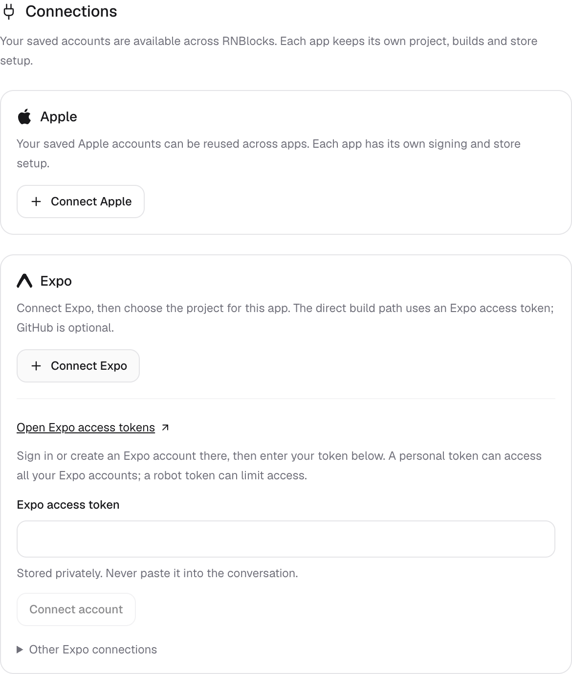 The Connections area contains separate Apple and Expo cards. The expanded Expo form links to Expo access tokens, explains personal and robot tokens, and has a private Expo access token field and Connect account button.