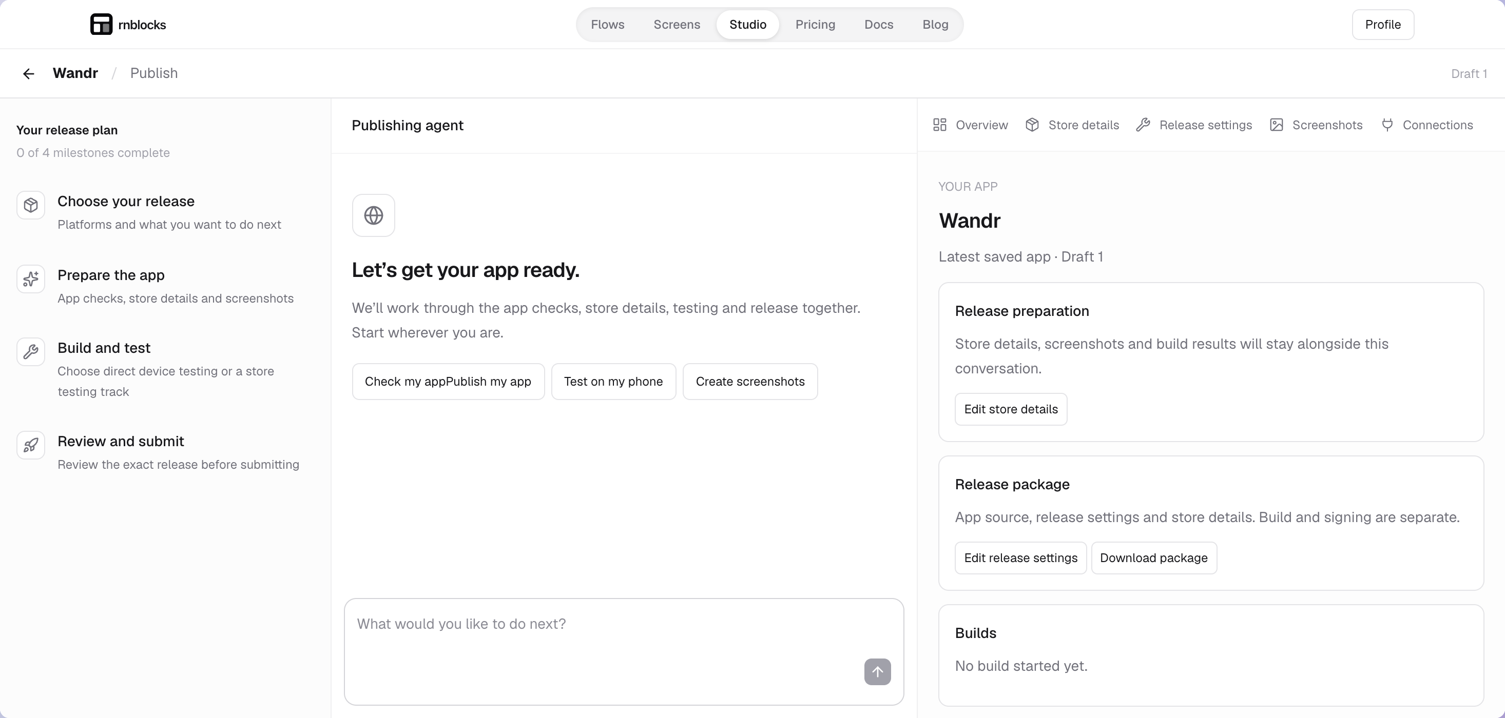 Wandr’s Publish workspace. Desktop shows Your release plan on the left, Publishing agent in the center, and a work area on the right with Overview, Store details, Release settings, Screenshots and Connections. On mobile, Plan, Conversation and Work select one panel at a time.