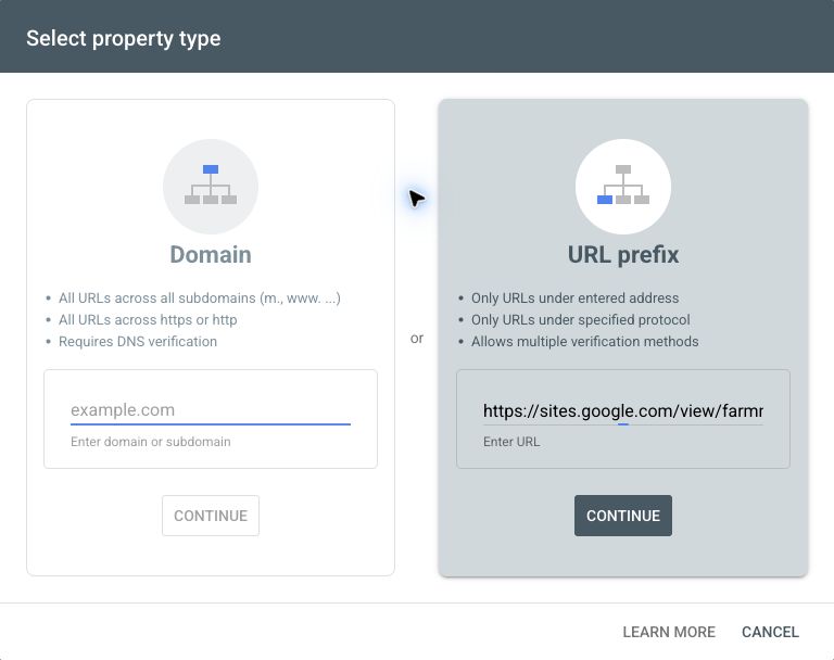 Search Console offers Domain on the left and URL prefix on the right. URL prefix is selected in this screenshot.