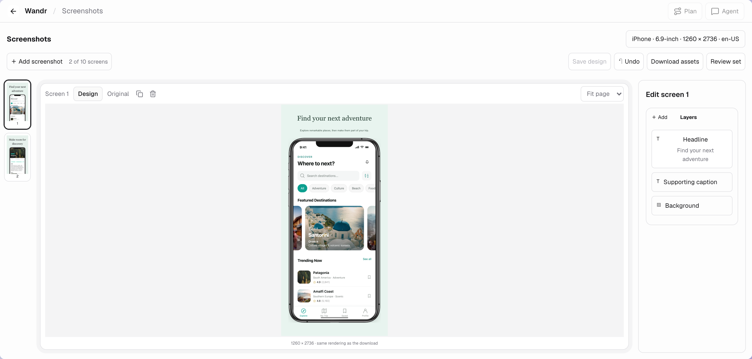 The screenshot editor keeps its screenshot rail on the left, design canvas in the center and editing controls beside it. The output format and Review set action appear above the canvas. On mobile, headline editing appears below the canvas.