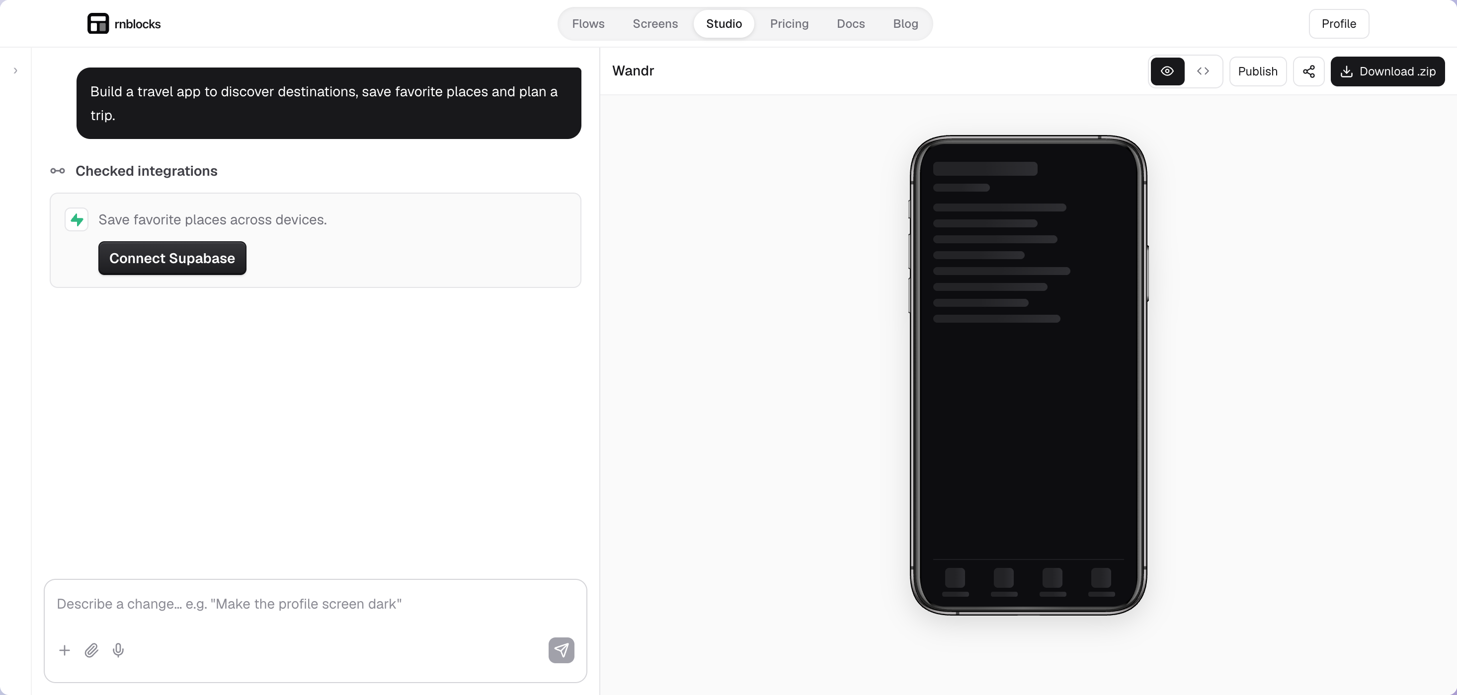 A travel-app request appears in Studio’s conversation. Below Checked integrations, a Supabase request says Save favorite places across devices and offers Connect Supabase. On mobile, this appears in the Prompt tab.