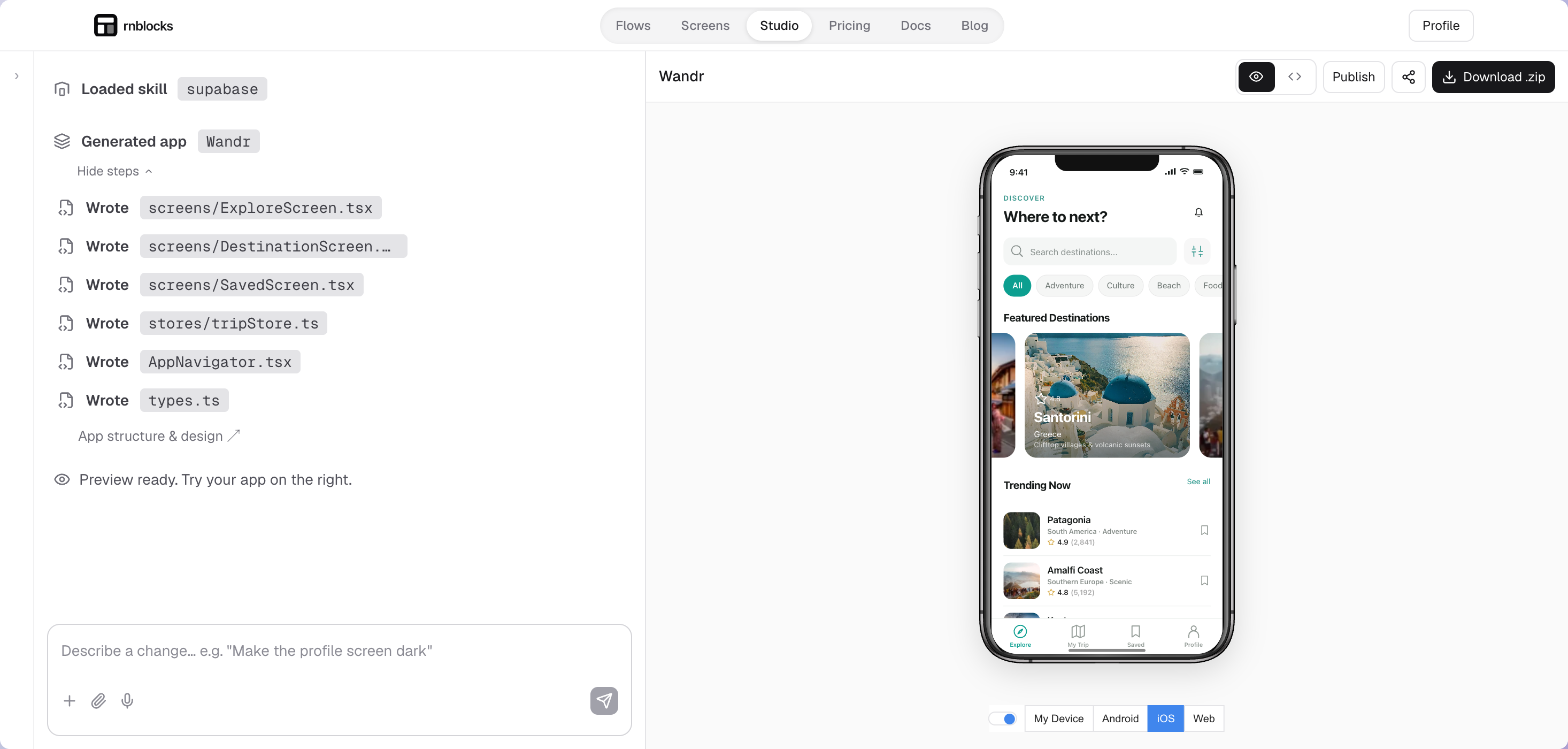 Wandr in Studio. On desktop, the conversation is on the left and the iOS preview is on the right, with Publish in the preview toolbar. On mobile, the Preview tab shows the app and Publish action.