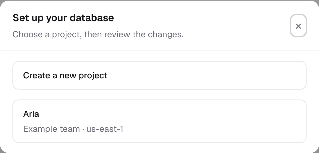 The database project picker shows Create a new project and an illustrative Aria project.