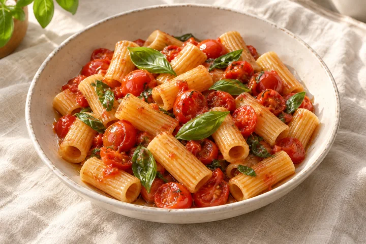 Tomato and basil pasta recipe illustration